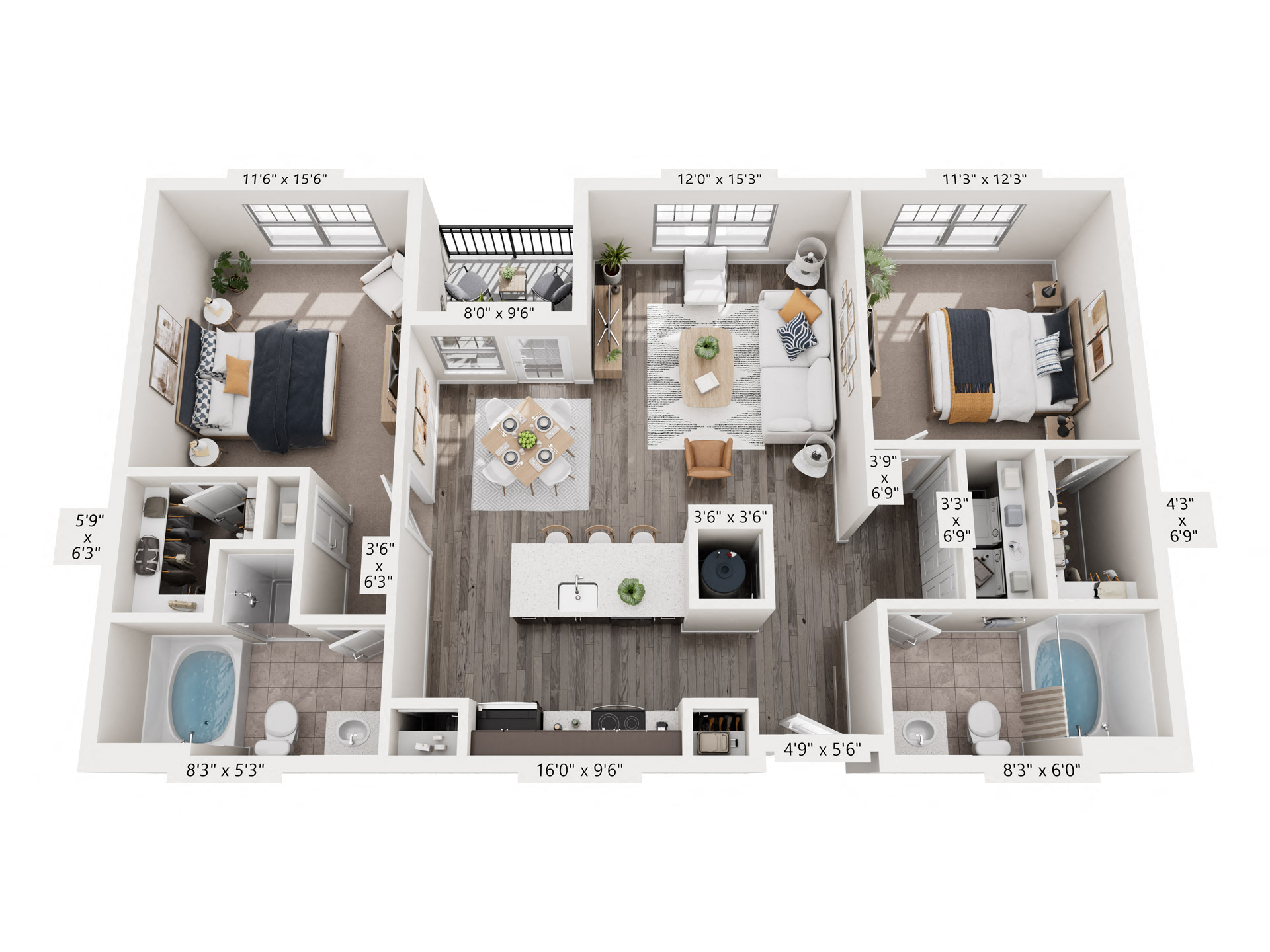 Floor plan for 2 beds, 2 baths, 1094 sqft